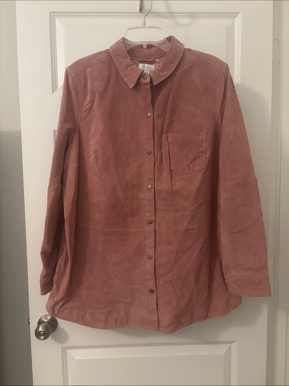 VTG D&Co Dusty Rose Suede Leather Snap Button-Front Shirt Jacket SZ XL lined Y2K